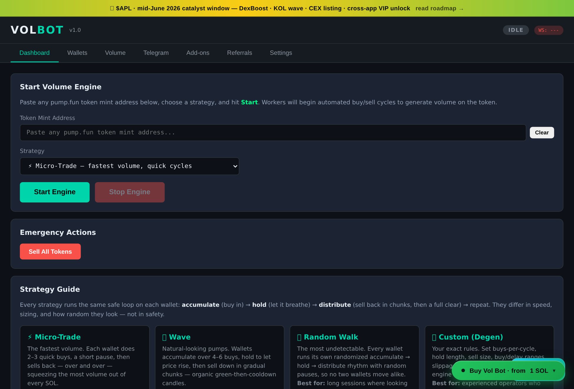 Vol Bot dashboard: paste a pump.fun token mint, choose a strategy, and start the volume engine